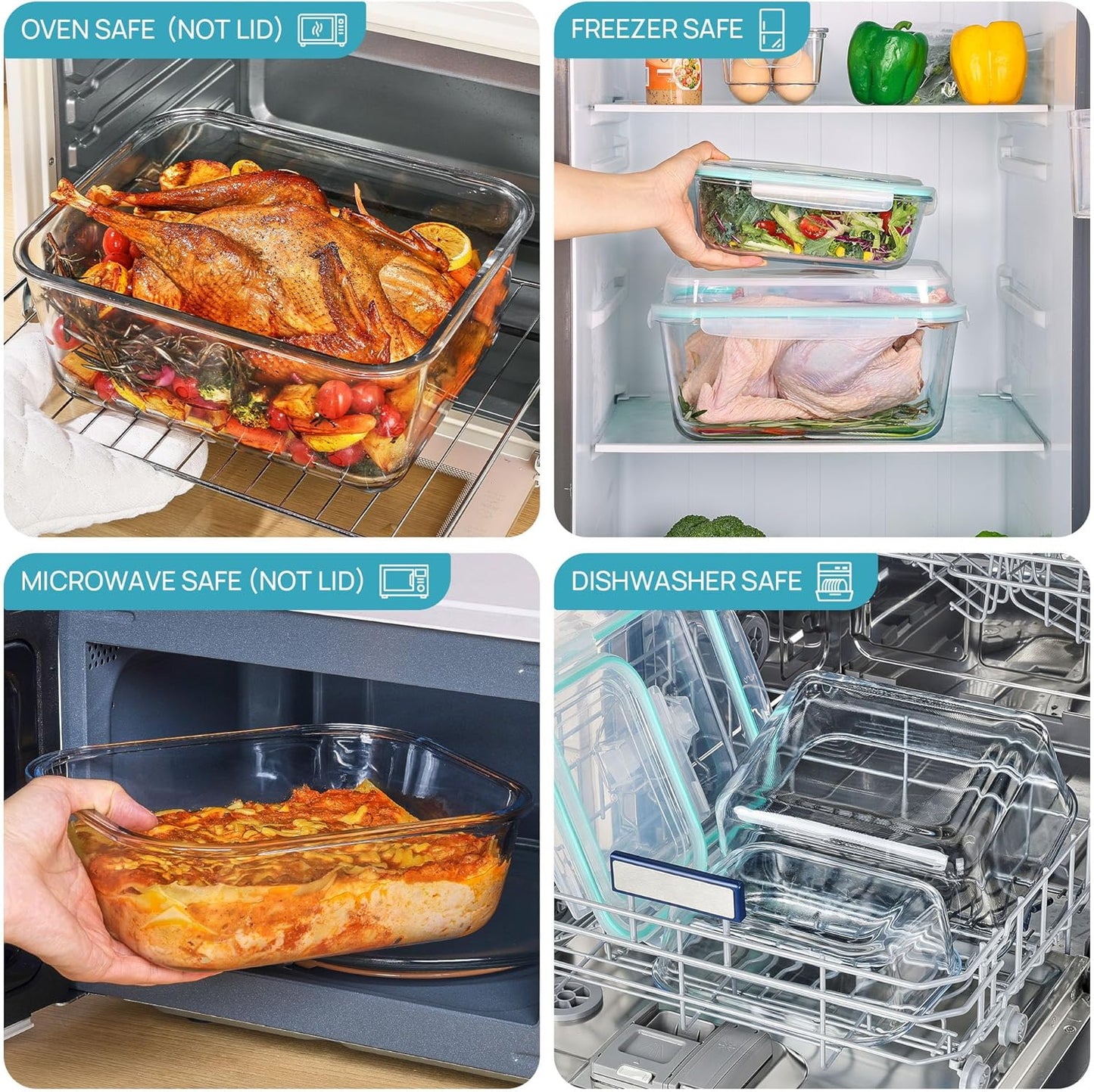 Vtopmart 220oz + 76.4oz Extra Large Glass Storage Containers Set, Meal Prep Food Container Sets with Snap Airtight Lids for Roasting Turkey, Rotisserie Chicken, Baking, Watermelon Storage, BPA Free