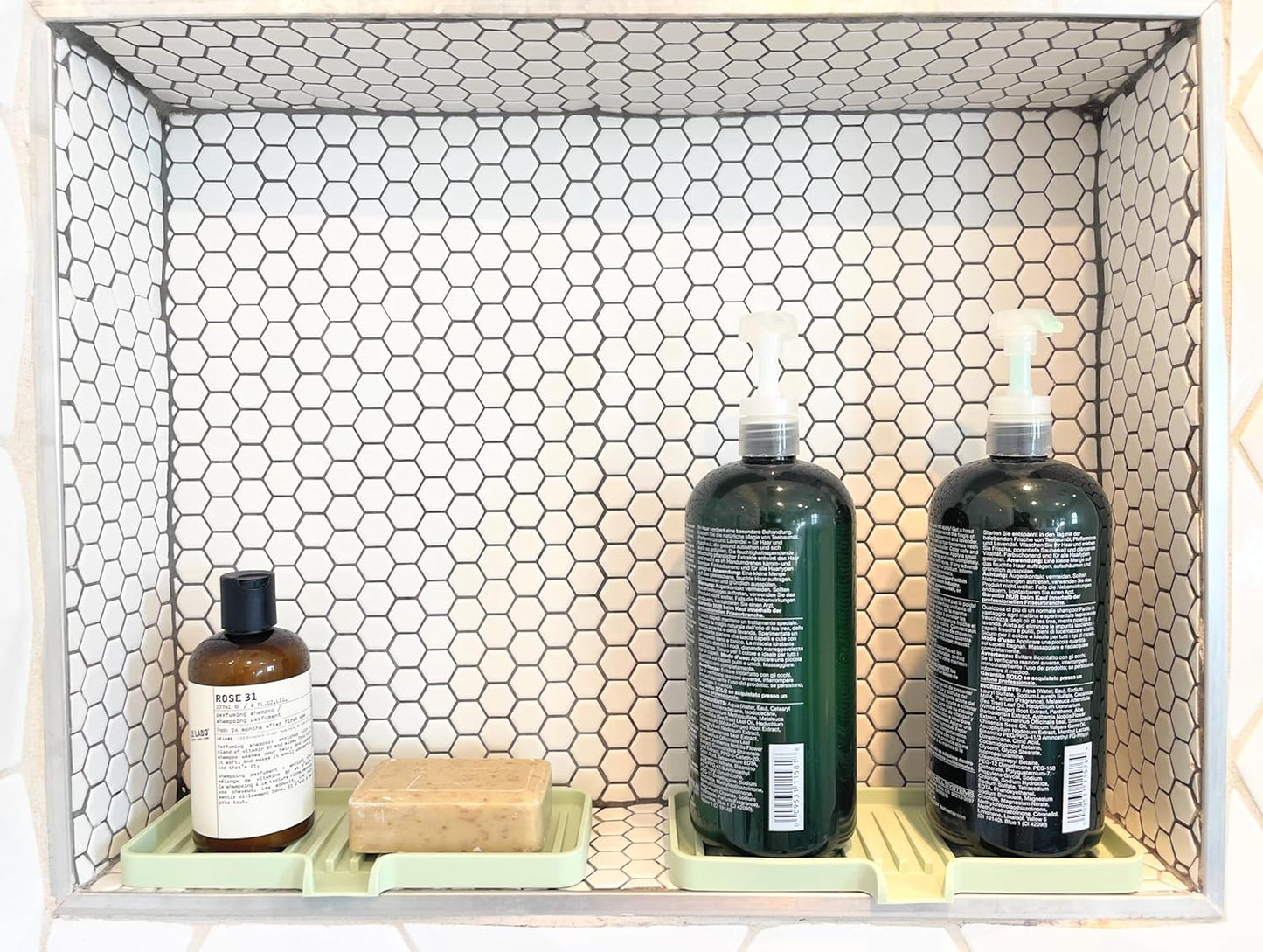 Happitasa Silicone Soap Dish Tray and Sponge Holder with Drain Chute | Bathroom and Kitchen Sink Organizer Caddy (Black, 9"x3.5", 5.6 Ounces)