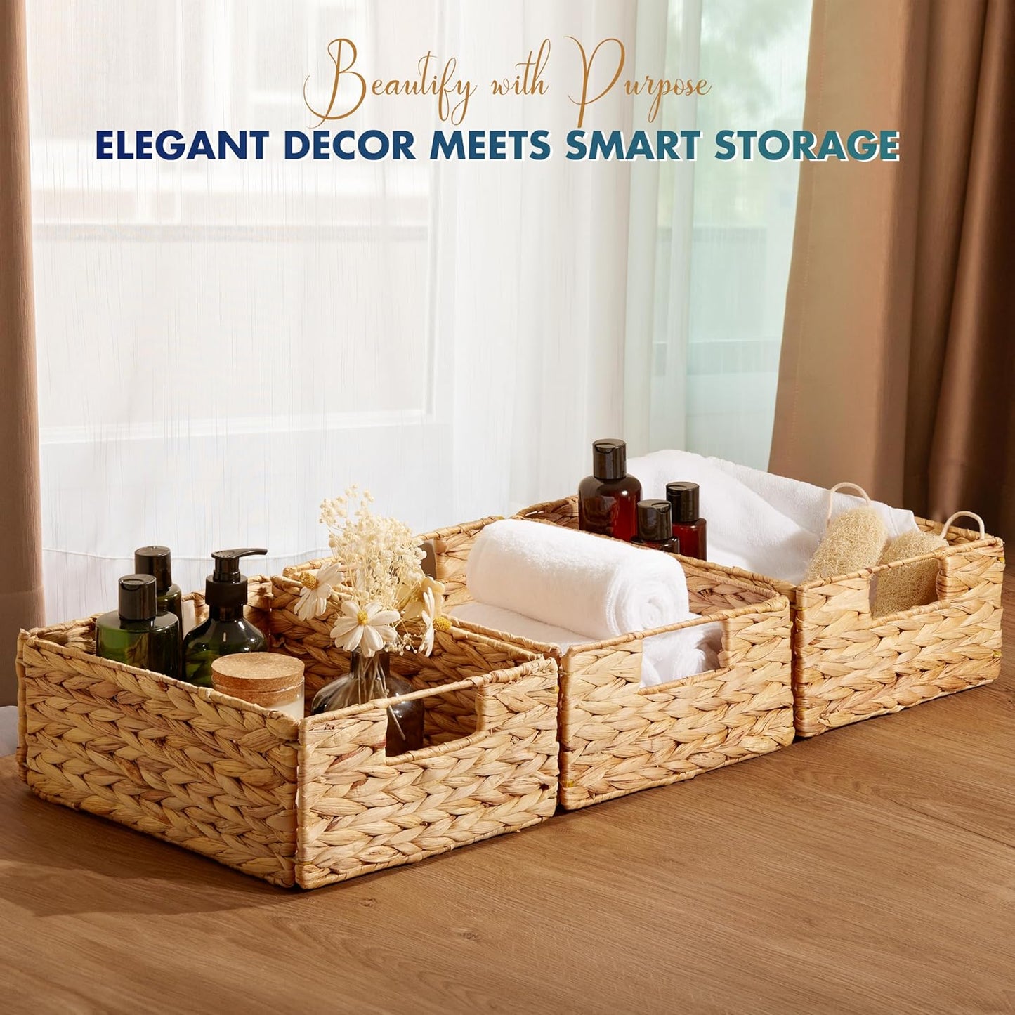 BLUEWEST Water Hyacinth Storage Baskets (Set of 6) โ Woven Hyacinth Organizer with Carrying Handles, Laundry Basket for Organizing, Rattan Bin for Shelves