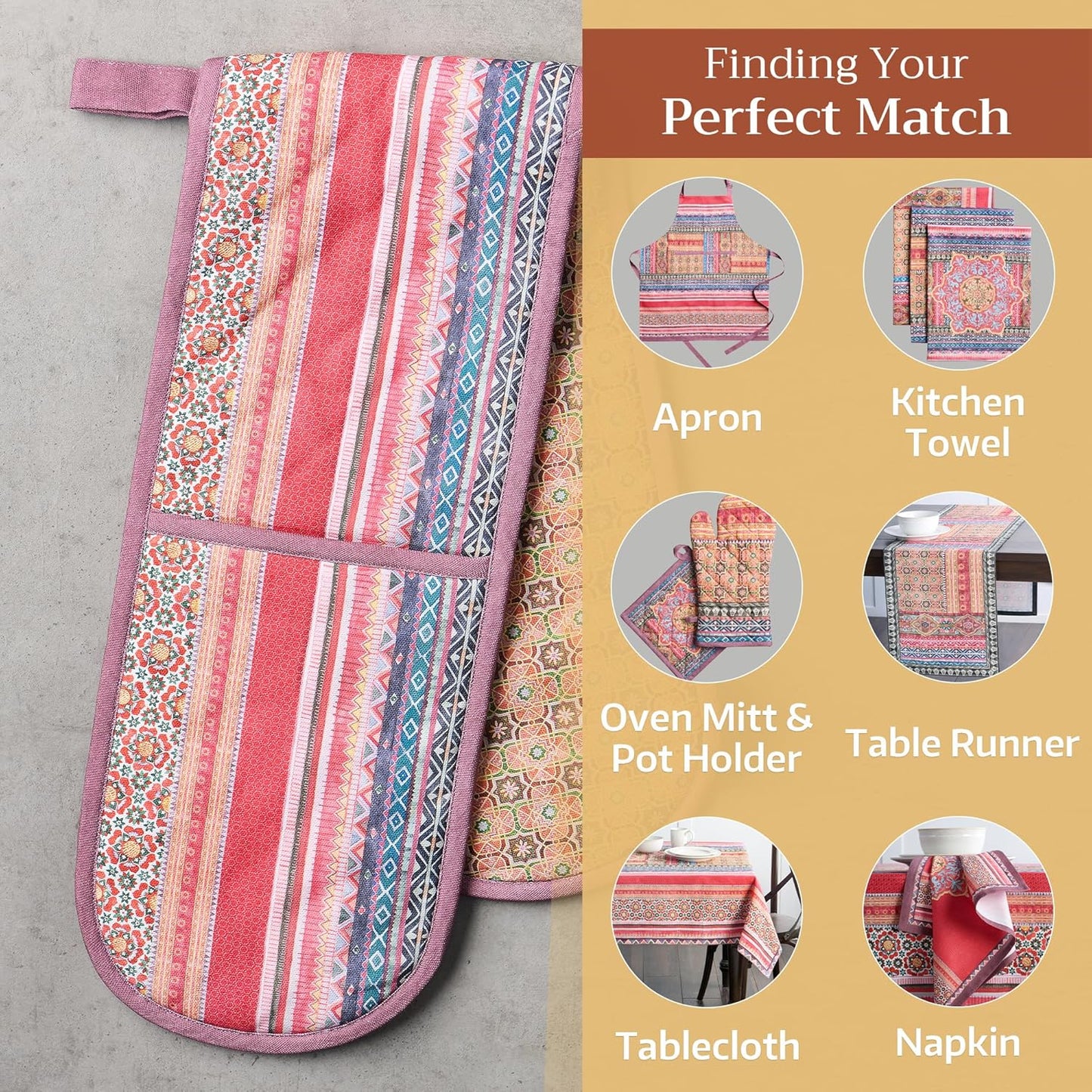 Maison d' Hermine Double Oven Mitts 100% Cotton 7"x35" Double Oven Mitt Heat Resistant BBQ Cooking Gloves with Loop, Baking, Grilling, Home, Kitchen, Handling Hot Pans (Ispahan)