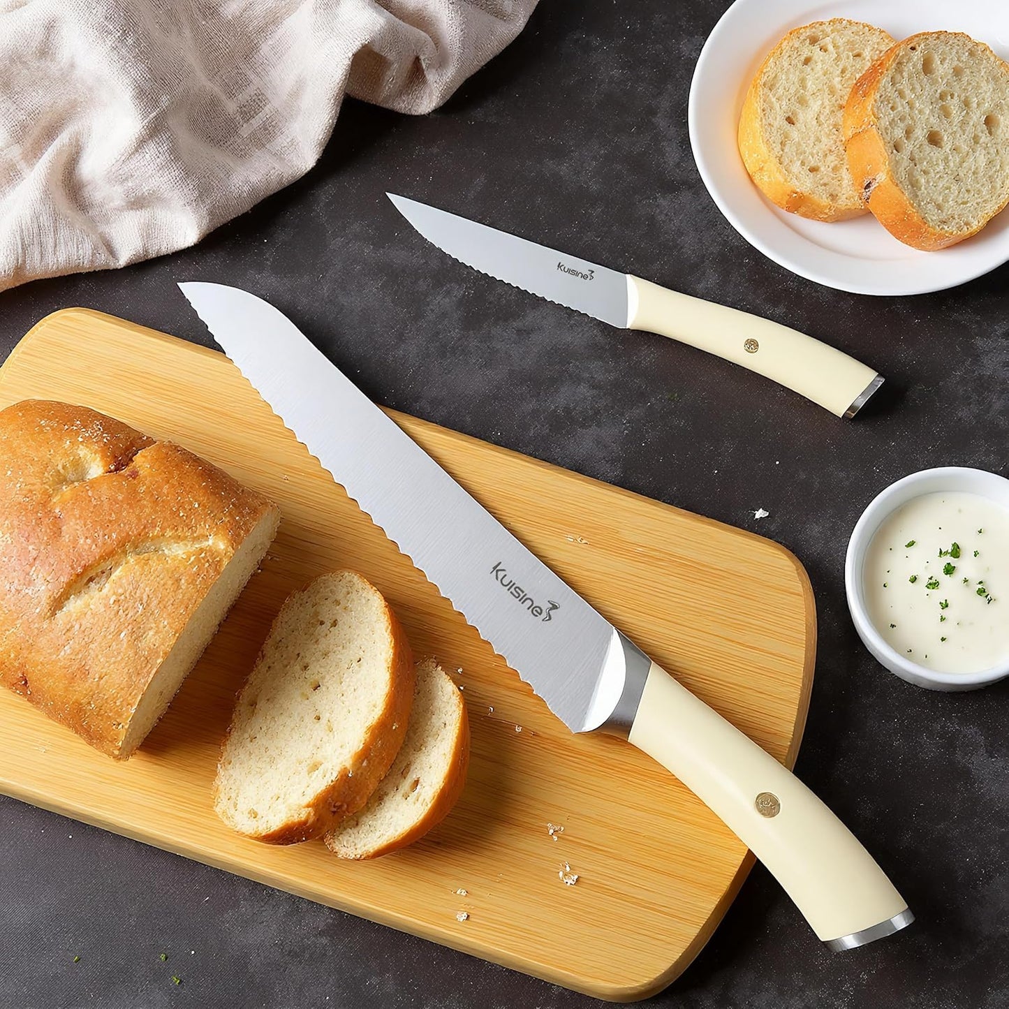 KUISINE Knife Set High Carbon Stainless Steel Super Sharp Blade Ergonomic Rivet Handle,Knife Block Set with Built-in Sharpener(Ivory Acacia Pro 15PCS)