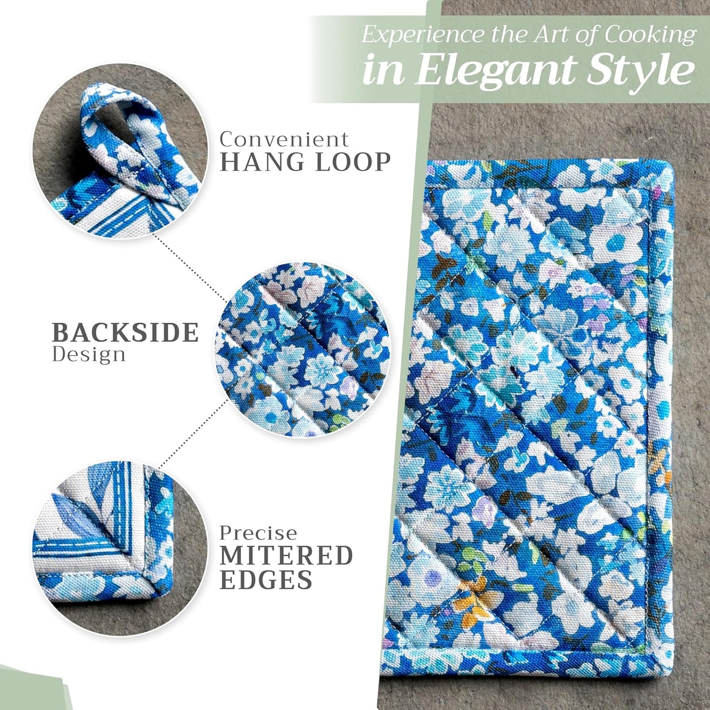 Maison d' Hermine Pot Holders 100% Cotton Heat Resistant Potholders 8" x 8" Hot Pads with Loop BBQ, Cooking, Baking, Grilling, Kitchen, Handling Hot Pans Spring/Summer (Pack of 1, Summer Blues)