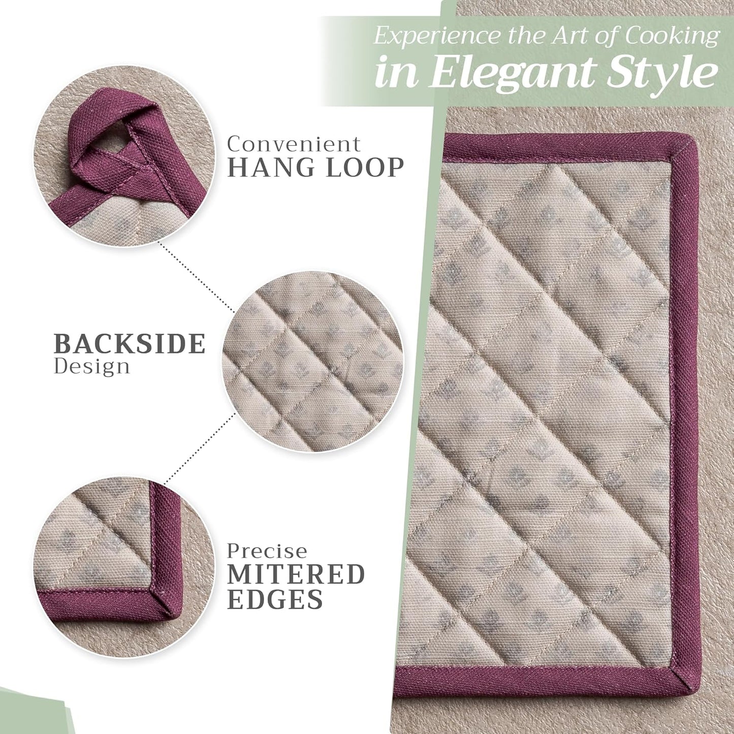 Maison d' Hermine 100% Cotton Oven Mitt & Pot Holder Set (7.5"x13" & 8"x8") Heat Resistant BBQ Cooking Gloves with Loop, Baking, Grilling, Kitchen, Handling Hot Pans Spring/Summer (Fanny Lavender)