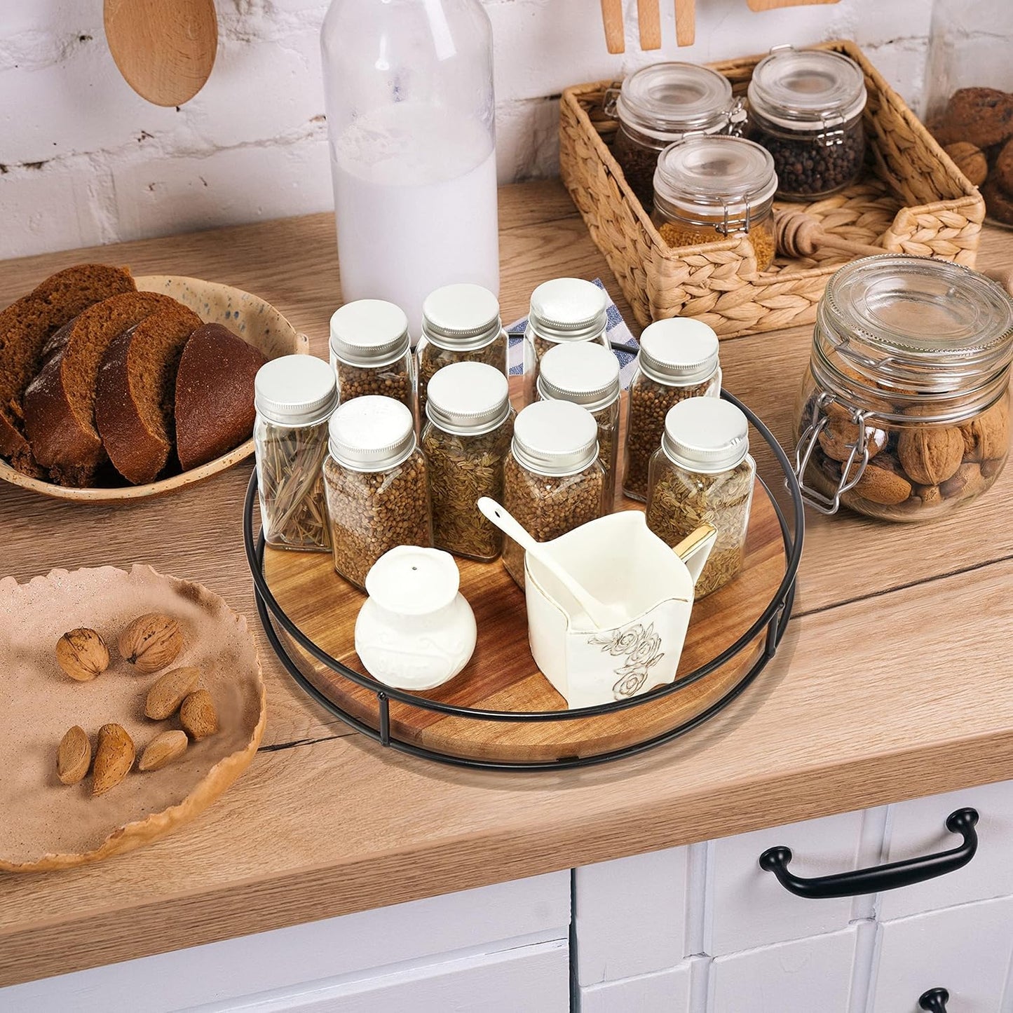 12" Acacia Wood Lazy Susan Turntable, Tomoaza Kitchen Organizer Turntable with Steel Sides, 360 Degree Lazy Susan for Countertop Cabinet or Dining Table(Black)