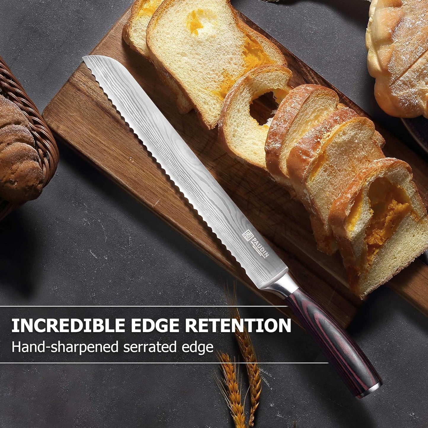 PAUDIN Bread Knife, 10 inch Serrated Knife, German Stainless Steel Bread Knife for Homemade Bread, Razor Sharp Edge for Efficient Slicing Sourdough Bread, Bagels, Cake