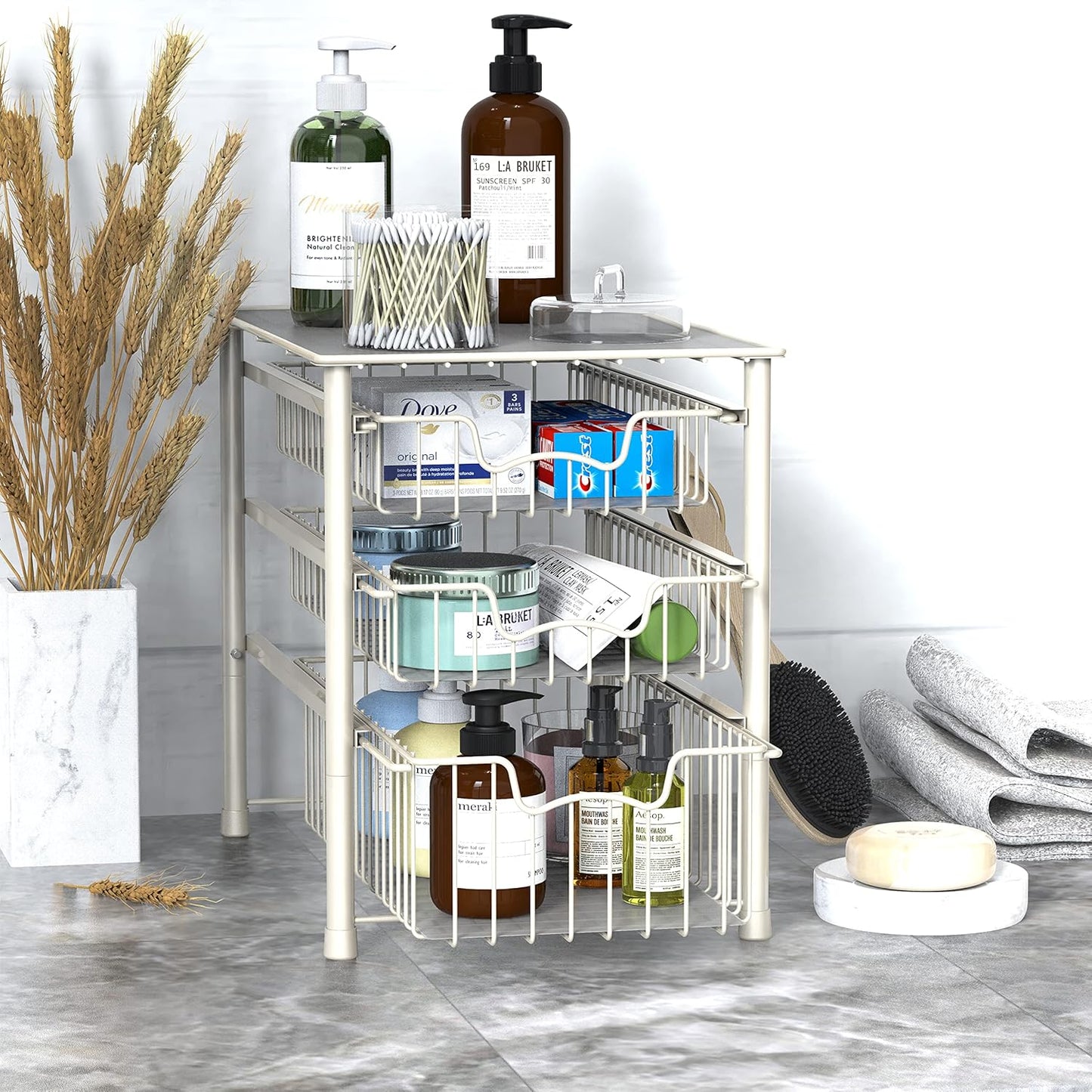 Simple Houseware 3-Tier Stackable Sliding Basket Storage Organizer Drawer for Bathroom and Kitchen, White