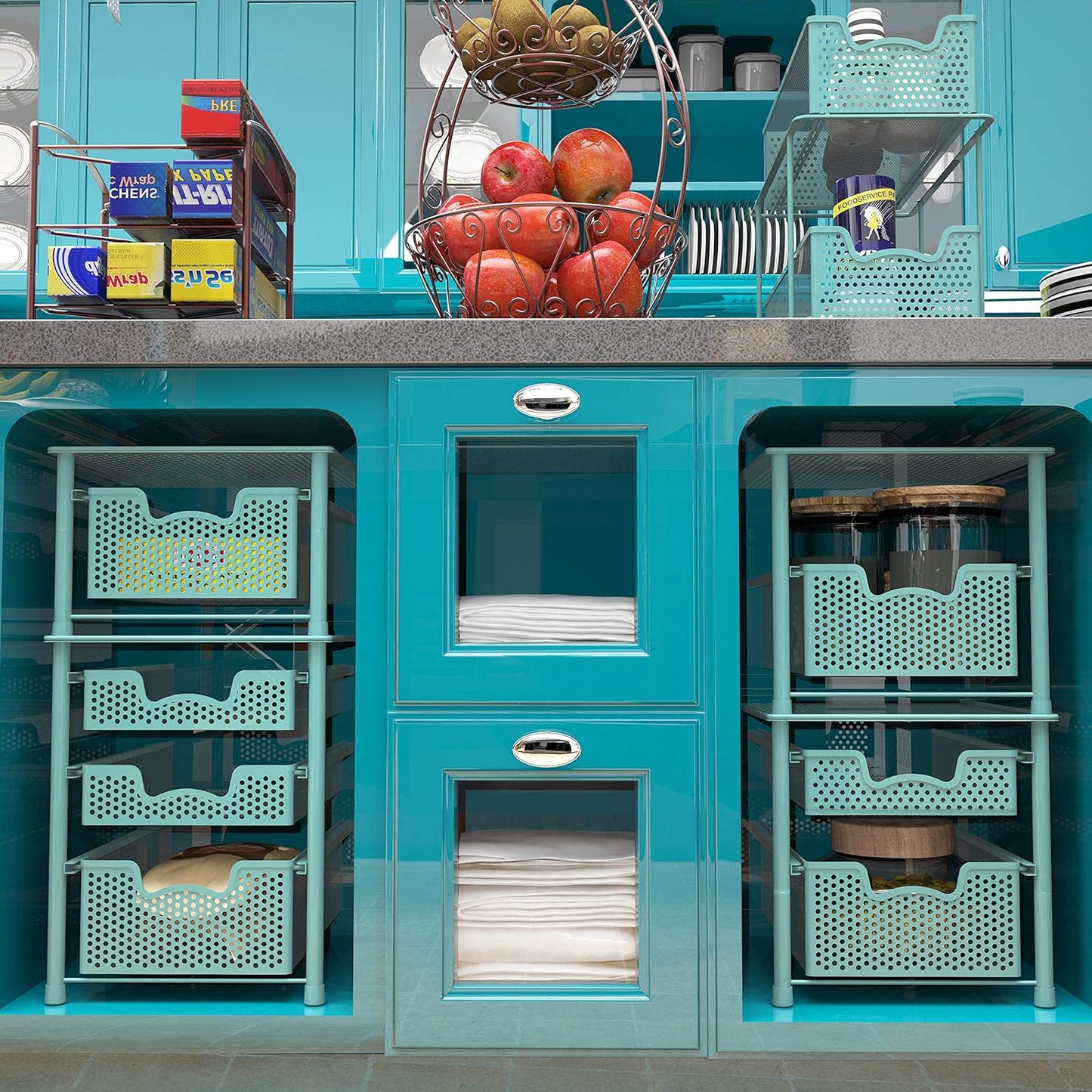 Simple Houseware Stackable Under Sink Cabinet Sliding Basket Organizer Drawer, Turquoise