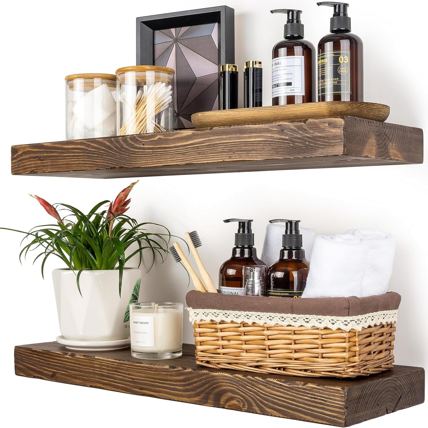 Distressed Floating Shelves 24 inch Long Set of 2,8 inch deep Solid Wood Wall Mounted Shelves for Living Room Kitchen,Book Shelf for Wall with Hidden Bracket- Distressed Black Walnut