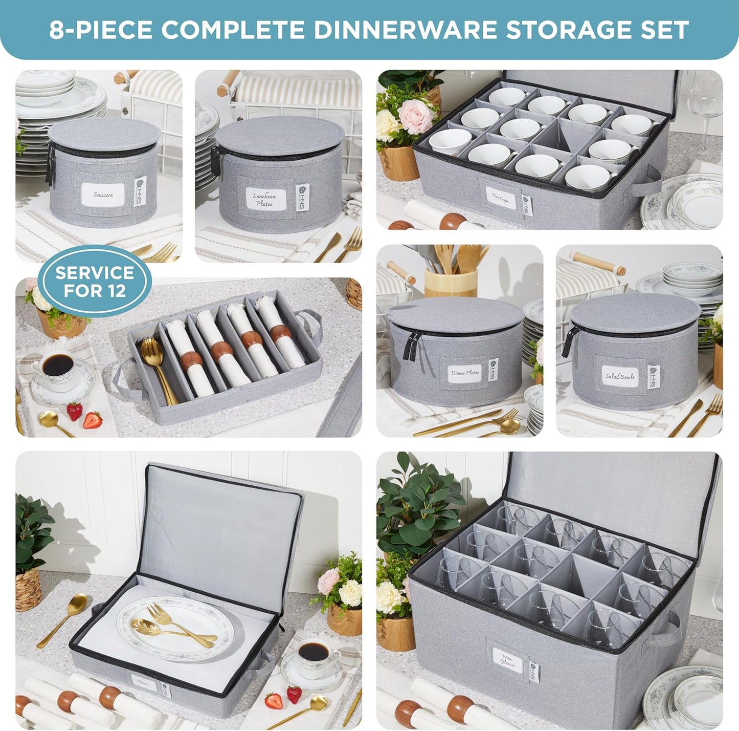 Hard Shell China Storage Containers 8-Piece Set Moving Boxes for Dinnerware, Glasses, Plates, Mugs and Saucers Sturdy Dish Organizer with Dividers for Seasonal Storage - Service for 12 - Gray
