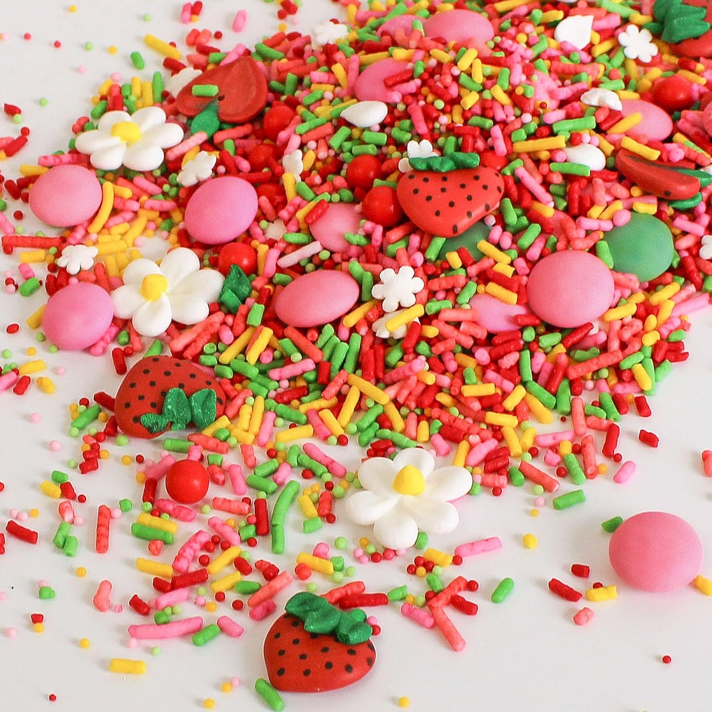 Sprinkle Pop Strawberry Daisy Sprinkle Mix| Red Lime Green Yellow Pink Sprinkle Mix with ~6 Strawberry & Daisies Royal Icing| Festive Sprinkles Made in USA for Decorating Cake Cupcakes Cookies, 2oz