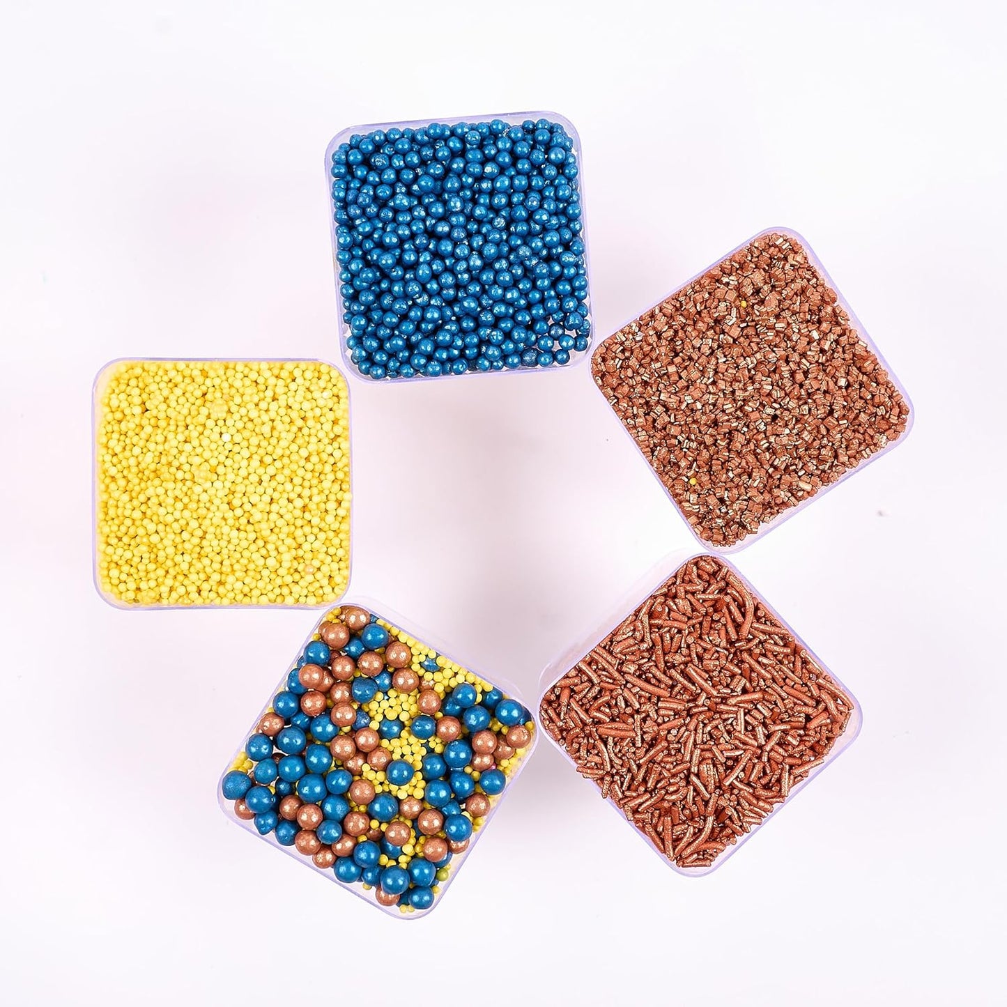 Sprinkles - Confect Sprinkles for Cakes & Cupcakes Decoration Assorted pack of 5 ?Graduation Day Mix Yellow, Copper & Navy Blue Pearl Dragees Copper Jimmies Bronze Sparkling Sugar | Vegan, Gluten-Free, Nut-Free, Soy-Free, Dairy-Free, Palm Oil-Free- 5 Oz