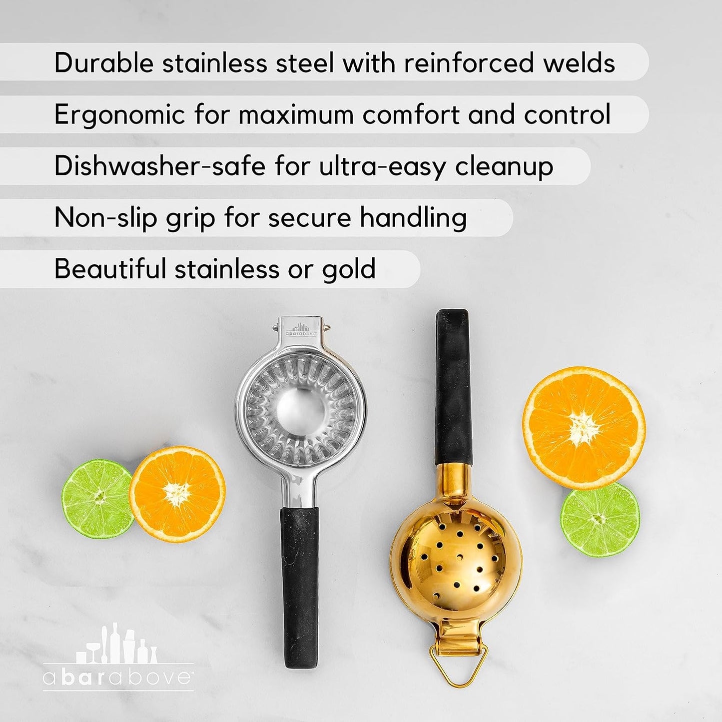 A Bar Above Stainless Steel Hand Juicer, Heavy Duty Citrus Press for Cocktails, Fruit Juice Squeezer for Lemons, Limes, and Oranges, Manual Juicer for Bartenders, Home Bars, and Mixology Kits