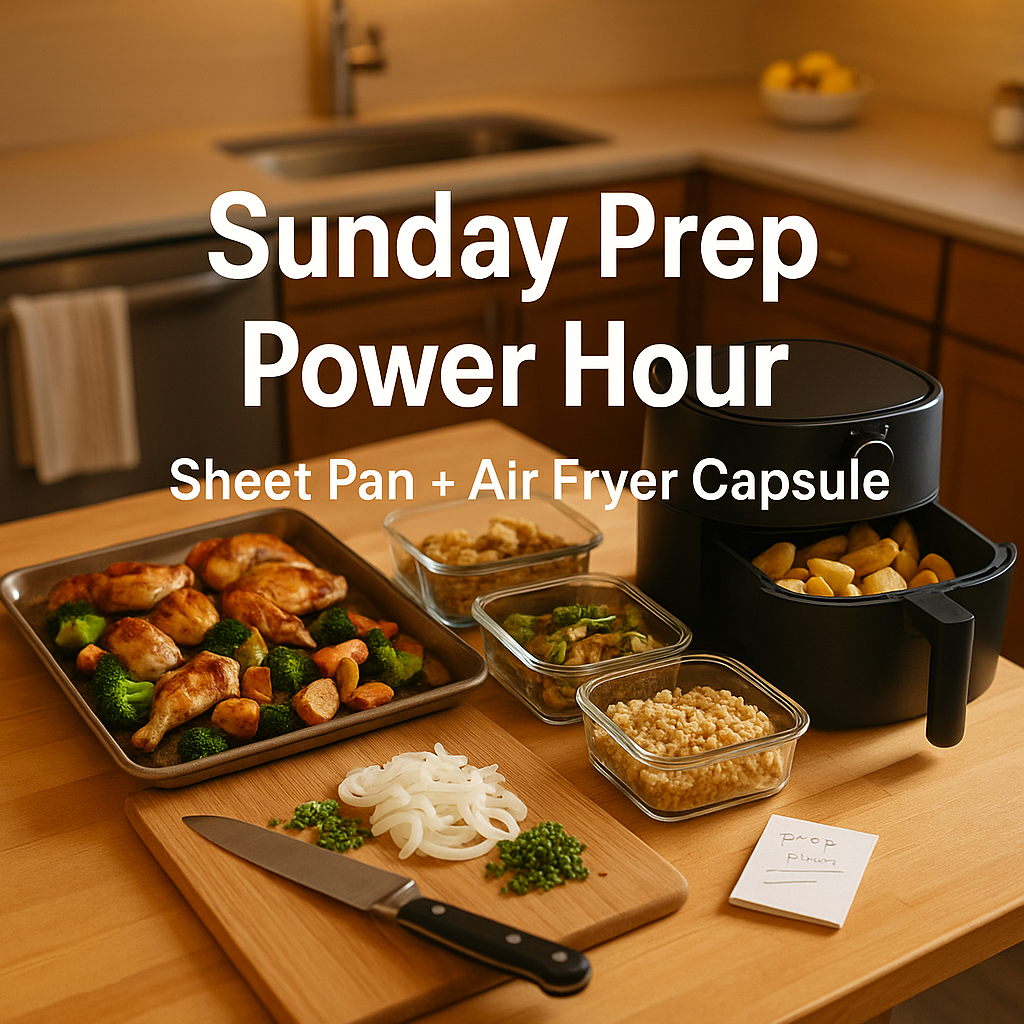 “Sunday Prep Power Hour Capsule: Sheet Pan + Air Fryer Setup for 3 Easy Weeknight Dinners”
