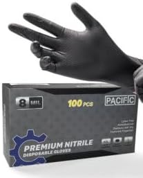 PACIFIC PPE 8 Mil Heavy Duty Black Nitrile Gloves, Food Safe, Latex Free, Mechanic, Fully-Diamond Textured Grip Industrial Disposable Gloves, Large