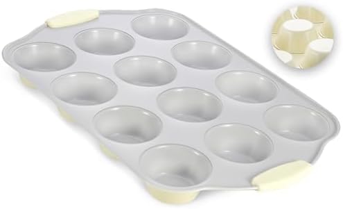 Boxiki Kitchen 12 Cups Ceramic Coated Muffin Pan for Baking - Durable Steel Frame Cupcake Pan w/Nonstick Surface - Professional Muffin Tray with Silicone Handles