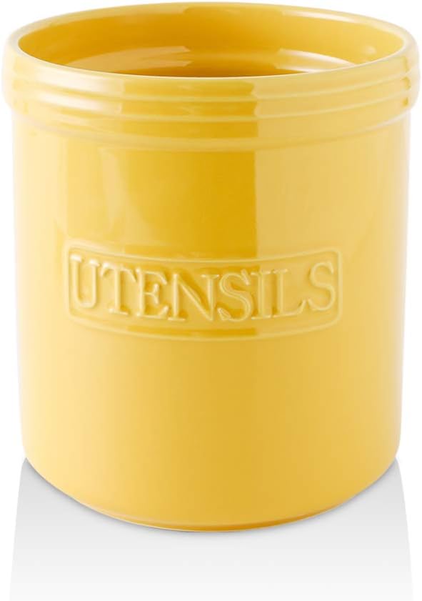KOOV Cooking Utensil Holder, Large Ceramic Utensil Crock, Deep and Stable, Utensil Caddy for Countertop Letter Series (Yellow)