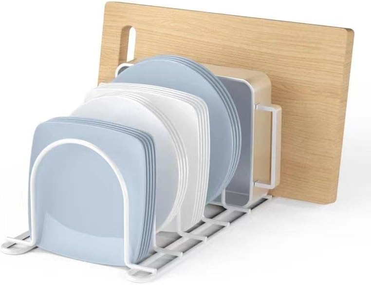 JAQ Pot Lid Rack Organizer, 10.5" Kitchenware Dividers Holder for Plates, Pans,Chopping Boards, Muffin Tins, Baking Sheets in Cabinets Shelf Countertop Pantry (White, 6-Slot)