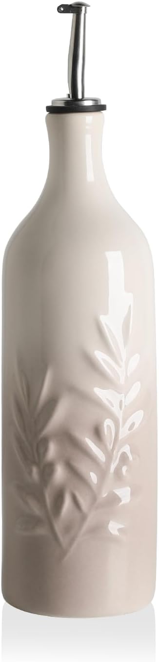 Sweejar Ceramic Olive Oil Dispenser Bottle, 24 Oz Relief Opaque Oil Cruet Protects To Reduce Oxidation, Suitable for Storage Soy Sauce, Coffee Syrup, Liquids, Set of 1 (Gradient FogGray)