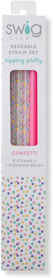 Swig Life Reusable Straws Confetti + Pink Tall Straw Set & Cleaning Brush, Each Straw is 10.25 inch Long (Fits Swig Life 20oz Tumblers, 22oz, and 32oz Tumblers)