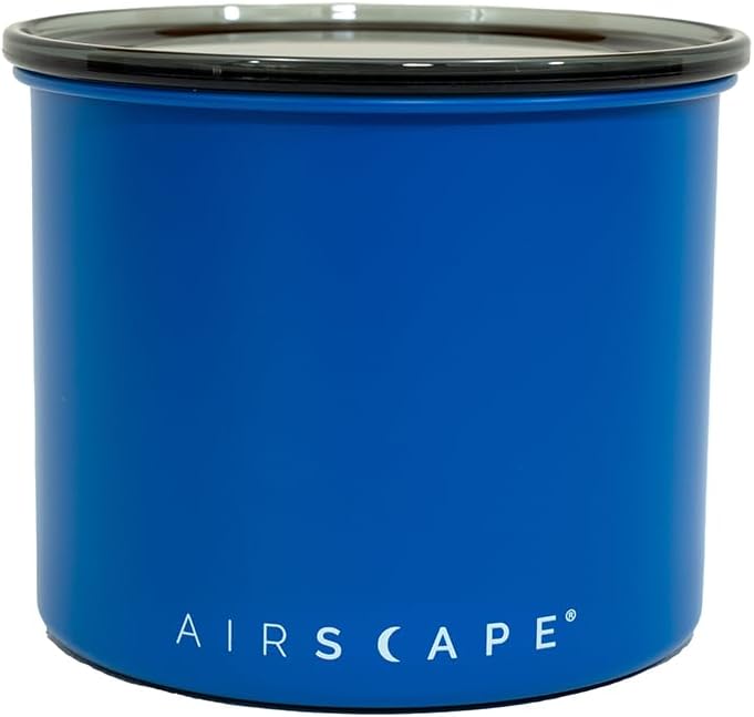 Planetary Design Airscape Stainless Steel Coffee Canister | Food Storage Container | US Patented Airtight Lid | Push Out Excess Air Preserve Food Freshness (Small, Matte Blue)