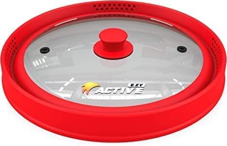 Collapsible Microwave Cover for Food - Silicone and Glass Splatter Guard Lid for 6-12 inch Plates & Bowls, Dishwasher Safe, Heat Resistant, BPA-Free, (Red).