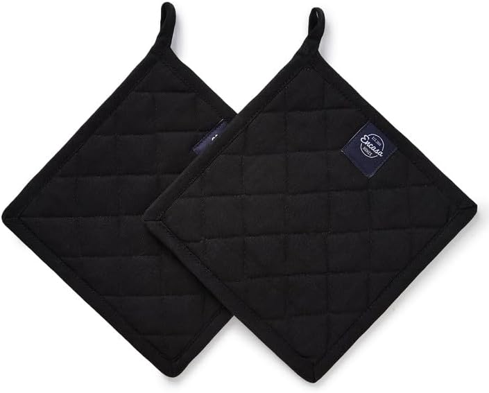 Encasa XO Heat Resistant Cotton Pot Holders with Hanging Loop - Set of 2 - Full Black - Multipurpose Quilted Everyday Hot Pad for Kitchen, Camping, BBQ & Microwave - 8x8 in
