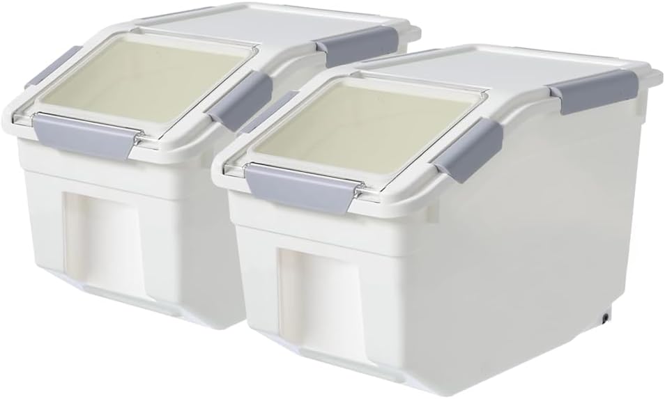 20Lbs 2 Pack Food Storage Container with Scoop, Airtight Rice Storage Bins Flour Containers Pet Food Dispenser with Handle & Wheels, Plastic Kitchen Pantry Organization for Cereal Baking Supplies