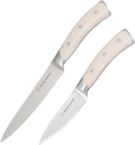 2-Piece Kitchen Knife Set – Ultra Sharp Precision German Stainless Steel Blades, 5” Utility & 3.5” Paring Knife with Ergonomic Handles, Multipurpose for Slicing & Peeling, Cream Handle