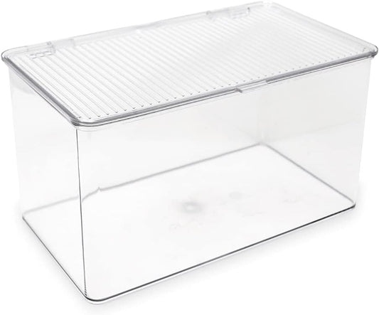 Isaac Jacobs Large Stackable Organizer Bin (10.75” x 6.5” x 6.1”) w Hinged Lid Clear Storage Box Home Office School Fridge Bathroom Kitchen Pantry Container BPAFree Food Safe (Large Clear)