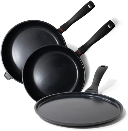 Alva Energy 3-Piece Nonstick Frying Pan Set – 8", 12.6", 11" Crepe Pan – PFAS-Free Ceramic Coating, Induction & Oven Safe, Even-Heat Aluminum, Stay-Cool Handles, Dishwasher Friendly