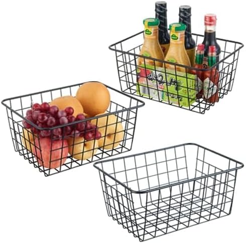 Wire Kitchen Storage Basket 3 Packs,Perfect Pantry Organization Accessories Baskets,Laundry Basket,Countertop Organization,Suitable for Kitchen,Bathroom,Bedroom,Tabletop,Stackable,Black