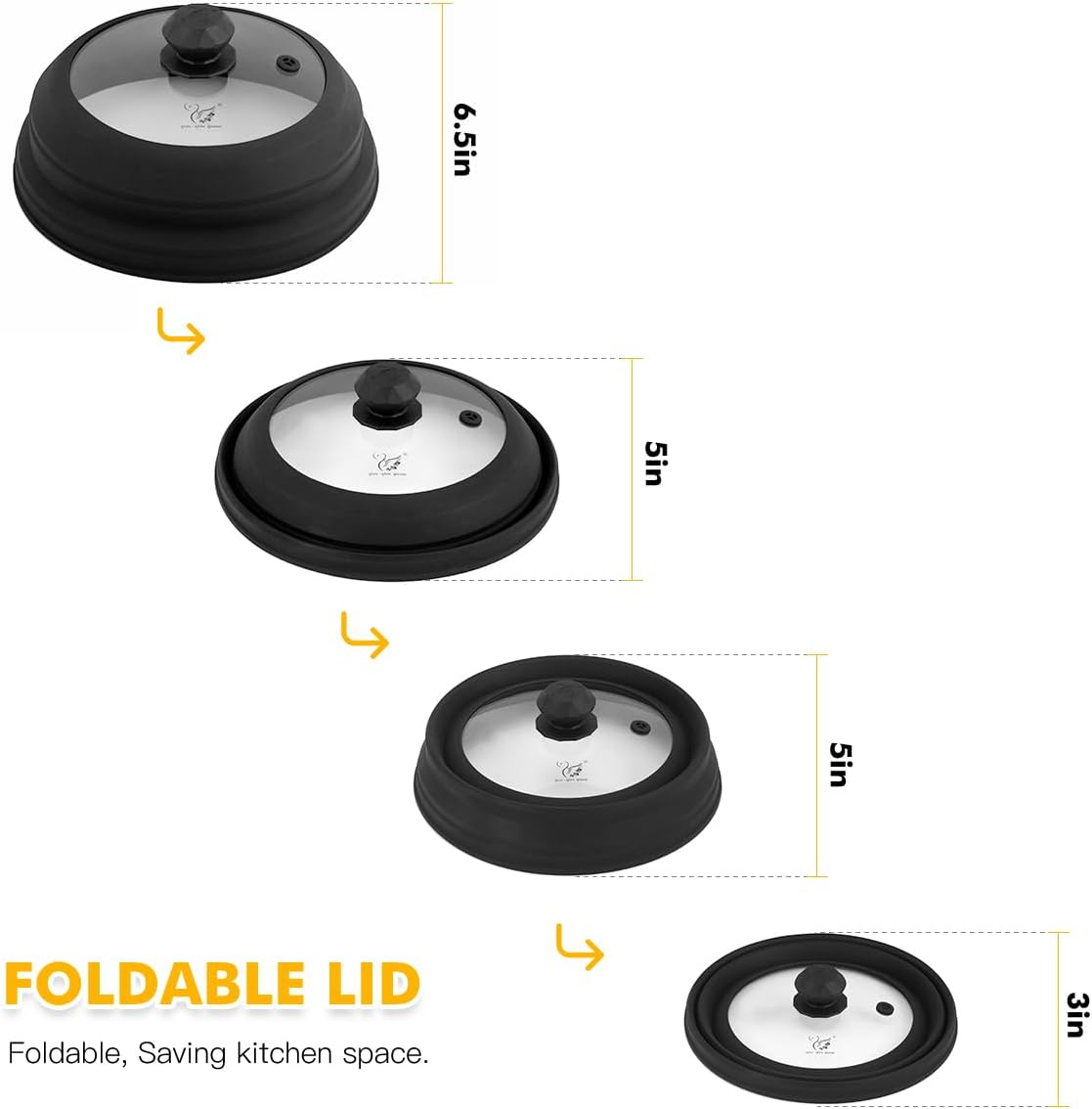 Microwave Splatter Cover Vented Glass Splatter Guard Lid with Collapsible Silicone for Food as Pot Cover Plate 9.8 inch Black