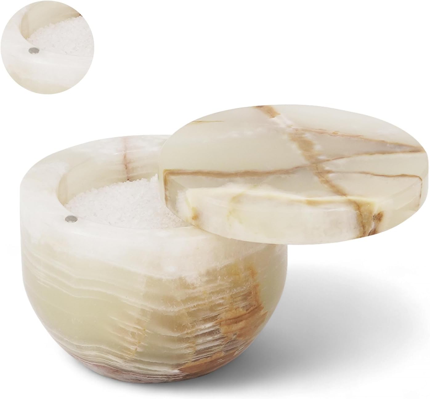Marble Salt Cellar with Swivel Lid 3" Inches Green Onyx Salt Keeper for Countertop, Kosher Salt and Seasoning Storage Container for Kitchen or Bath Salt
