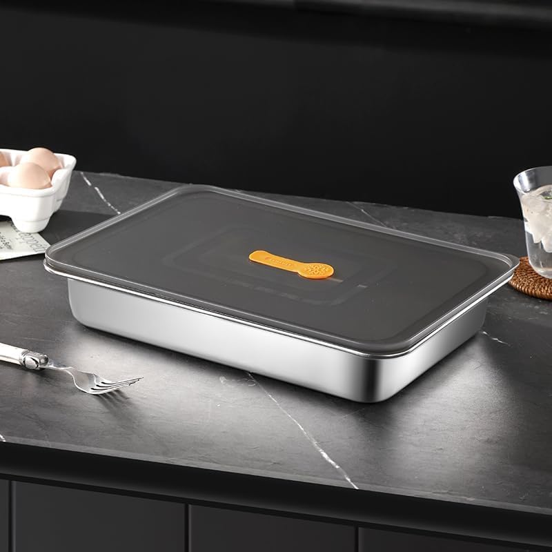 Roasting Pan,Non Stick Baking Pan,Cake Pan Rectangular 13.6"x 9.3"x 2.6",3 Litre Capacity with Lid (Stainless Steel)