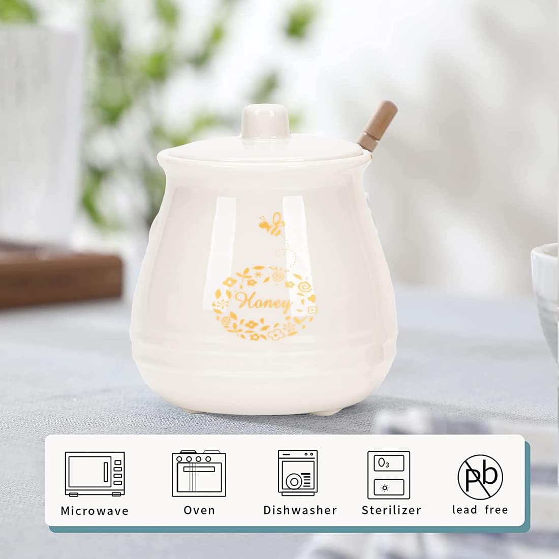 Ceramic Honey Jar with Wooden Honey Dipper-Honey Pot with Dipper- Honey Jar with Stand, Great Bee Decor- Farmhouse Kitchen Decor (Honey Jar-White)