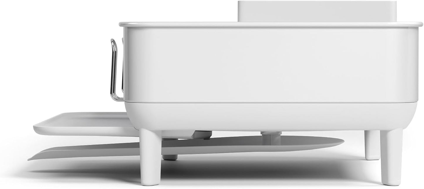 simplehuman Compact Dish Drying Rack with Stainless Steel Frame, 360º Easy Drain Swivel Spout, Utensil Holder, Anti-Residue Coating, Moisture Control Surface, White