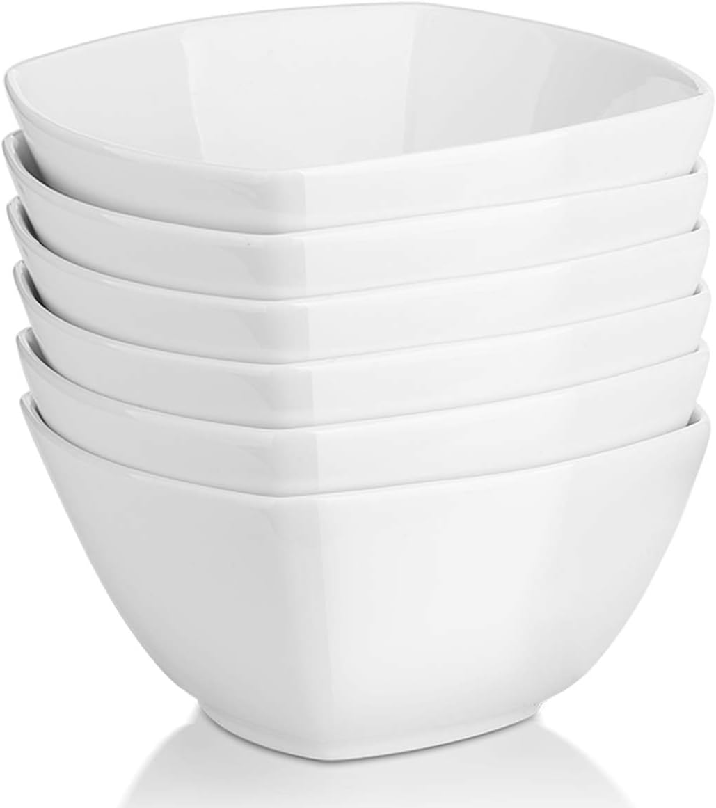 DOWAN Porcelain Soup Bowls Set of 6, 27 OZ Ceramic Square Cereal Bowls, White Bowl, for Ice Cream and Dessert Snack, Wedding Party Gift, Microwave Safe Bowl