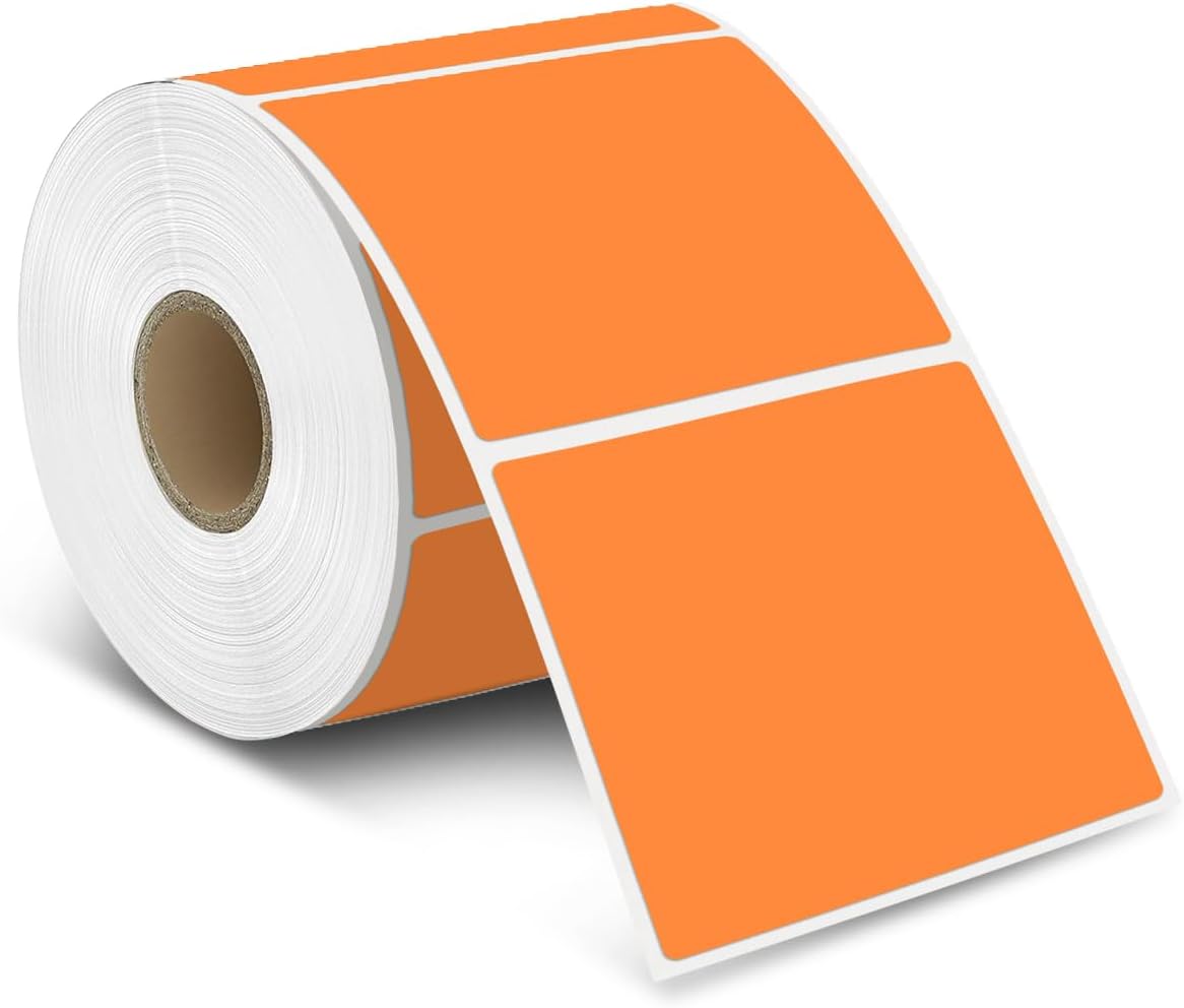iEager Orange Square Thermal Label Stickers, 3" x 3" Self-Adhesive Square Direct Thermal Labels with Perforation Line, 500 Sheets/Roll