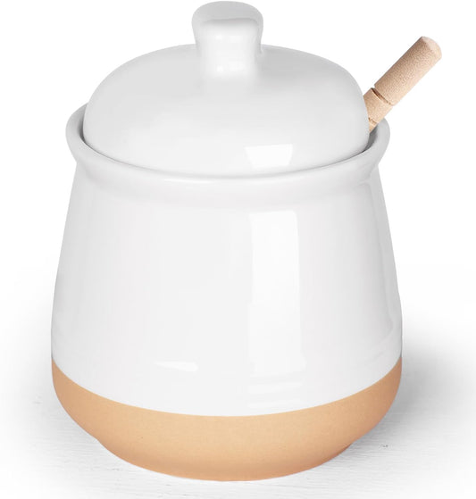 LEETOYI Honey jar with Lid and Wooden Dipper, 12 oz Ceramic Honey Container Dispenser for Home, Microwave & Dishwasher Safe, White
