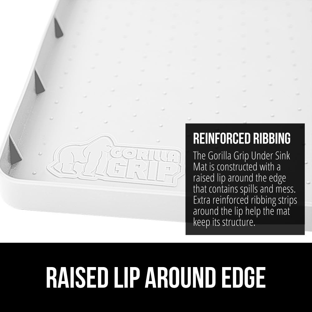 GORILLA GRIP Waterproof Silicone Under Sink Mat with Raised Lip for Kitchen and Bathroom, 34 x 22 in, Cabinet Shelf Liner Stay in Place Mats Dishwasher Safe Drawer Liner, Organizer Tray, White