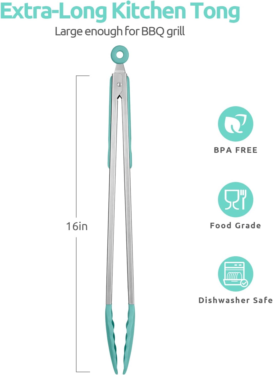 Heat Resistant Silicone Kitchen Tong: U-Taste 16 inch Extra Long Large 480ºF Hot Proof Cooking Tong with Sturdy Non Stick Rubber Tips & Non Slip Silicon Coated Steel Handle for Grilling BBQ (Aqua Sky)