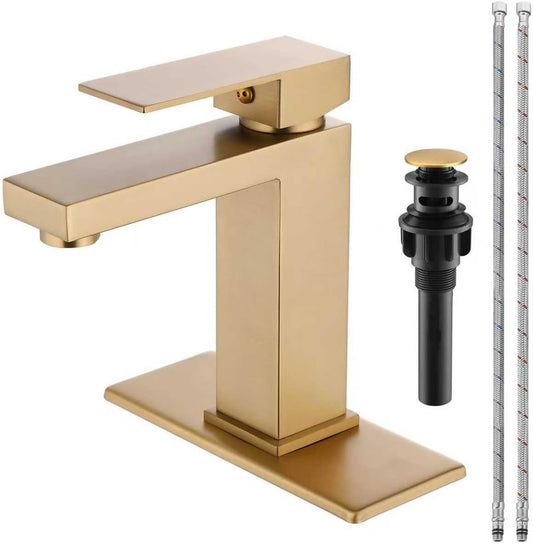 Bathroom Faucet Brushed Gold Single Handle Vessel Sink Faucet 1 Hole Modern Stainless Steel Vanity Faucet for Bathroom Sink with Pop Up Drain Stopper & Water Supply Hoses