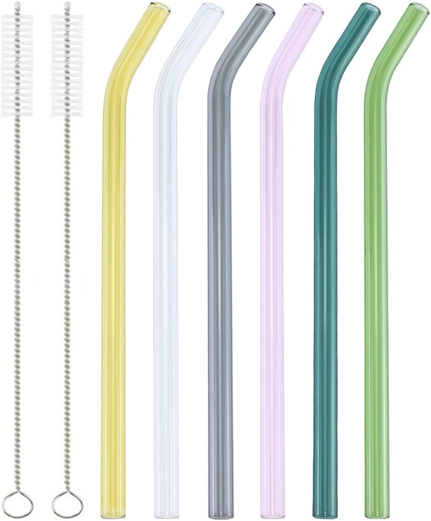 6 Reusable Colorful Curved Glass Straws, 8 Inches, Shatterproof and Heat-Resistant, Includes 2 Cleaning Brushes.