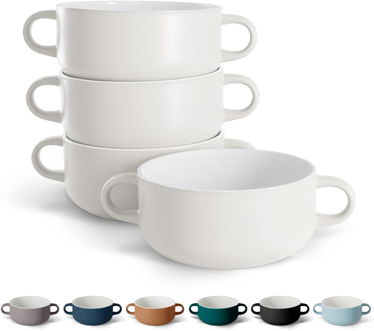 Kook Soup Crocks, Ceramic Bowls, Broil, Oven, Microwave and Dishwasher Safe, with Handles, For Casserole, Pasta, Cereal, 18 oz, Set of 4 (Coconut White)