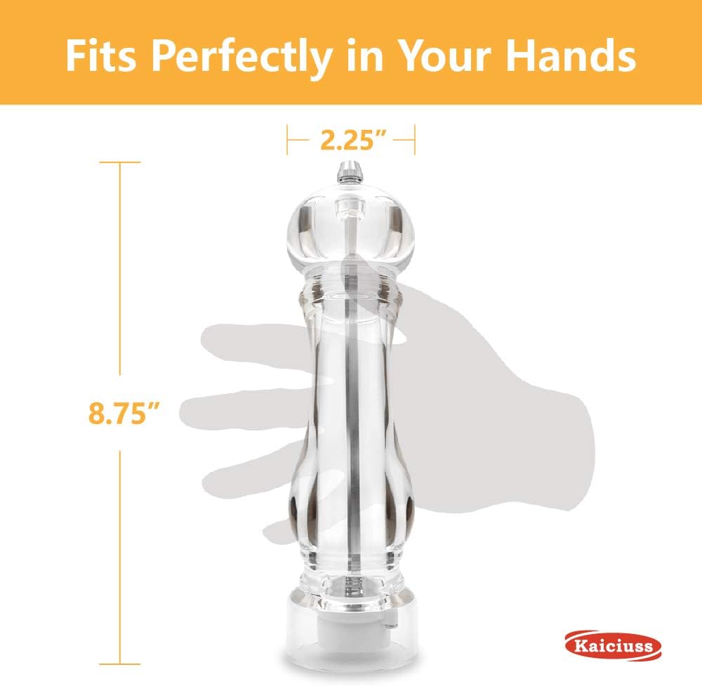 Salt Pepper Grinder Mill Arcylic,the Best Peppercorn Grinder with Adjustable Mill-Clear