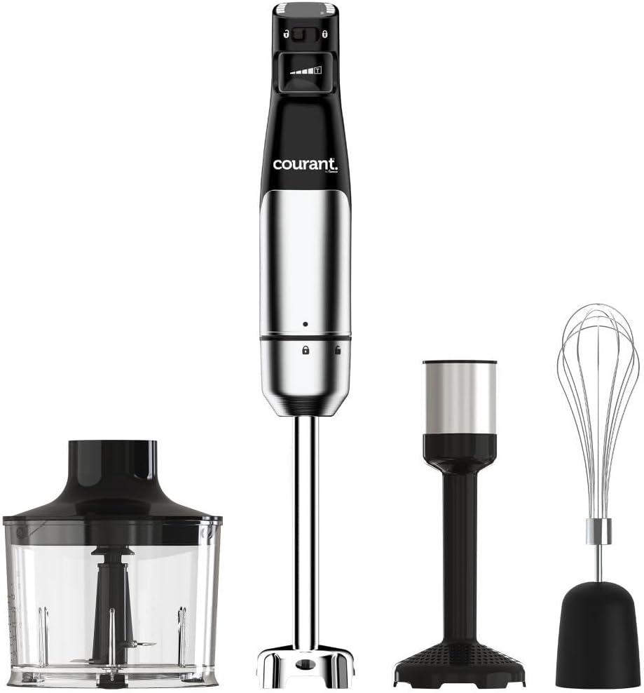 Courant Immersion Handheld Blender,4 in 1 400W Stick Blender, Variable Speed Stainless Steel Blades, Blending shaft Whisk,Chopper,Masher, Beaker Stainless Steel, LED Display