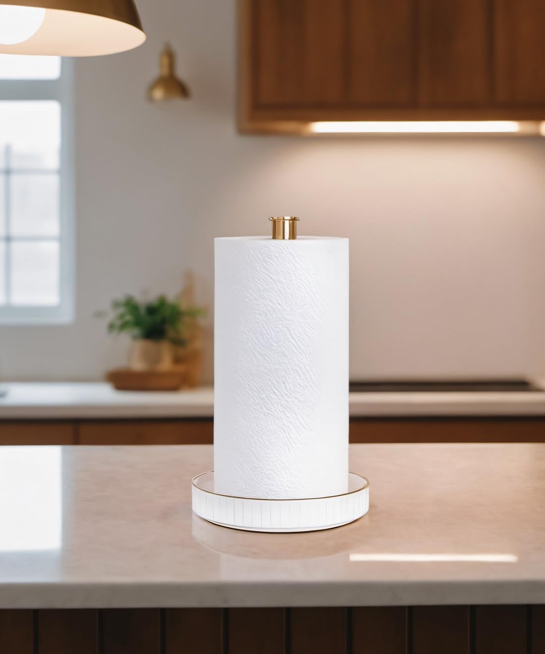 VROOMIUM Gold Paper Towel Holder Countertop, Ceramic Base Easy-to-Clean, 1.5 lbs, 7" B x 12.5" H, Stable Elegant and Durable Kitchen Roll Stand