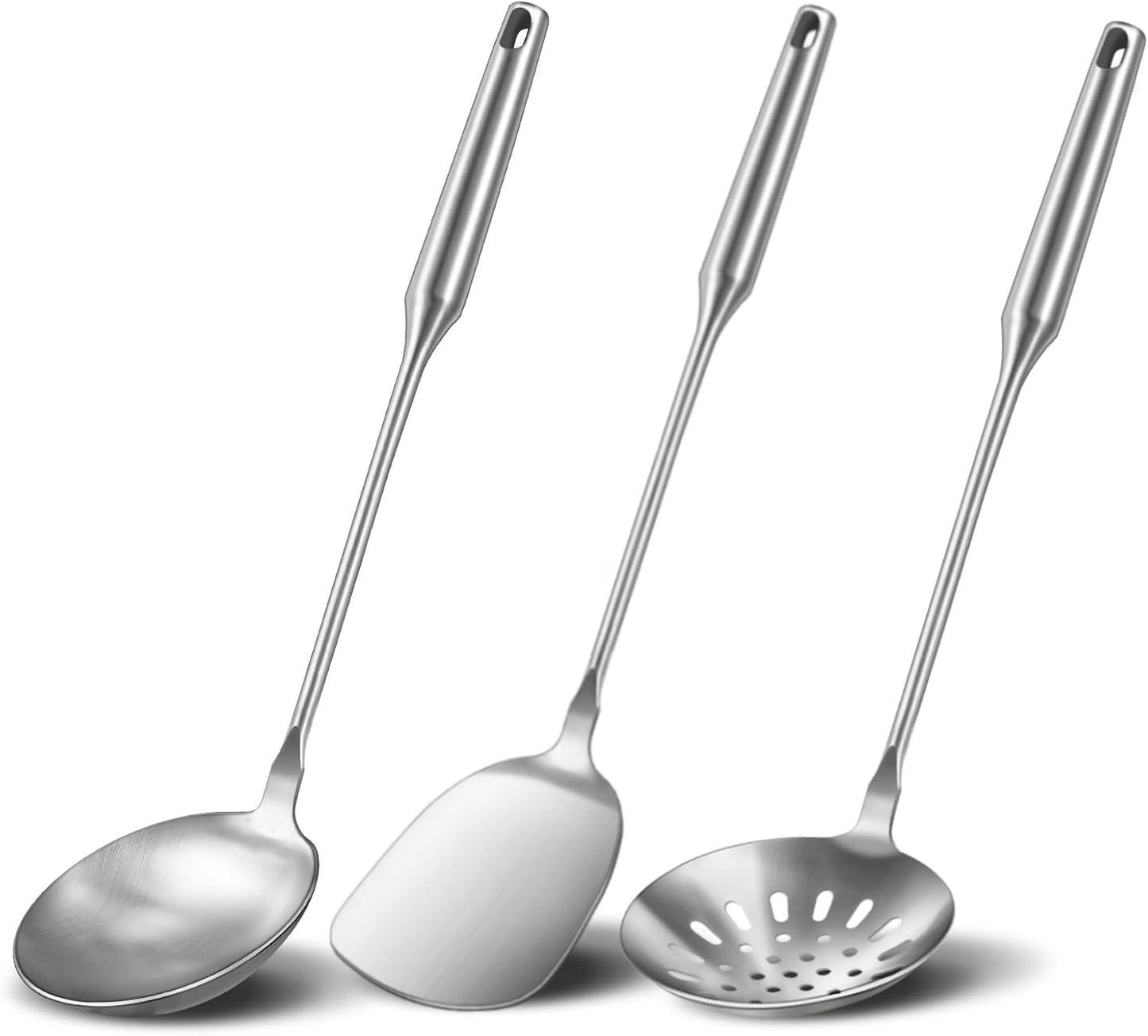 Wok Utensils Tools for Carbon Steel,Stainless Steel 3-Pieces Wok Spatula Set,Wok Tools Professional Set, Heat-Resistant Handle, Skimmer, Soup Ladle, Ideal for Gift
