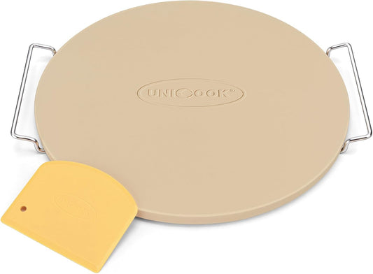 Unicook 15 Inch Round Pizza Stone for Oven and Grill, Oven Baking Stone for Bread, Cordierite Pizza Pan for Baking Crispy Bread, Pie and Cookies, Includes Carry Rack and Dough Scraper