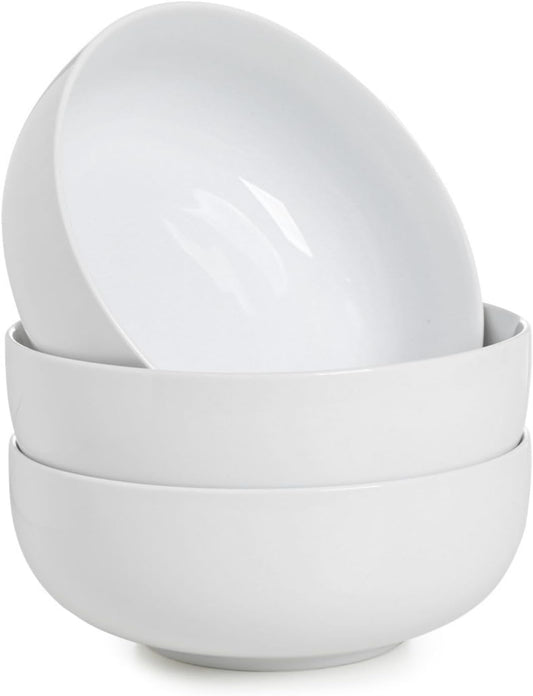 Large Soup Bowls Set of 3, Ceramic Salad Bowls 37 oz, White Pasta Bowls 7 inch, Serving Bowl for Cereal, Noodle Ramen, Pho, Fruit